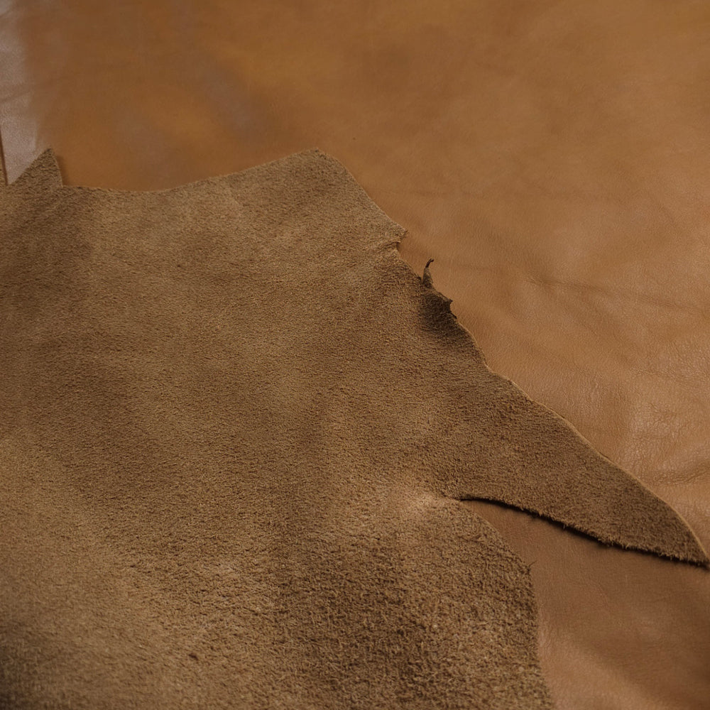Reverse detail on almond brown cowhide