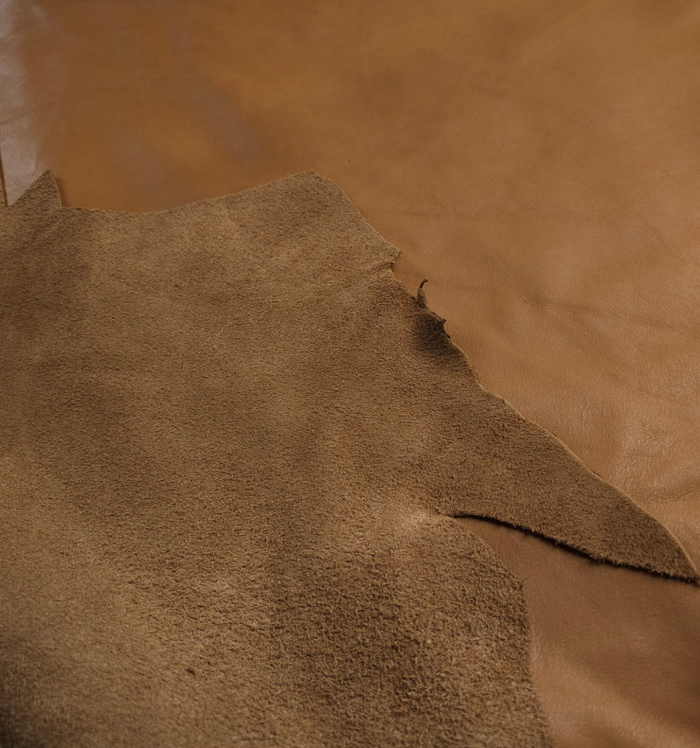 Reverse detail on almond brown cowhide