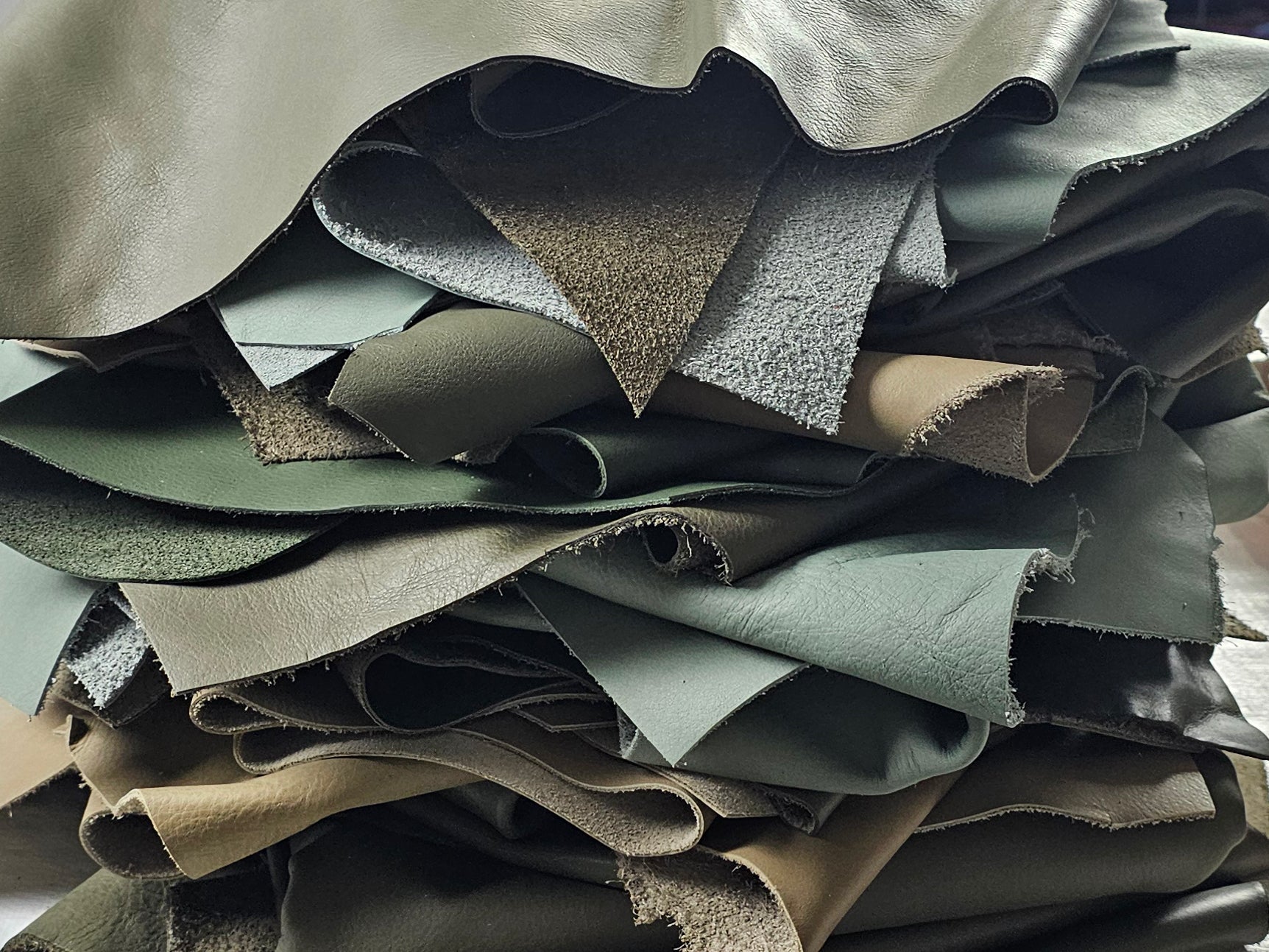 Assorted Green leather scraps for crafts 1 - 2 sq ft
