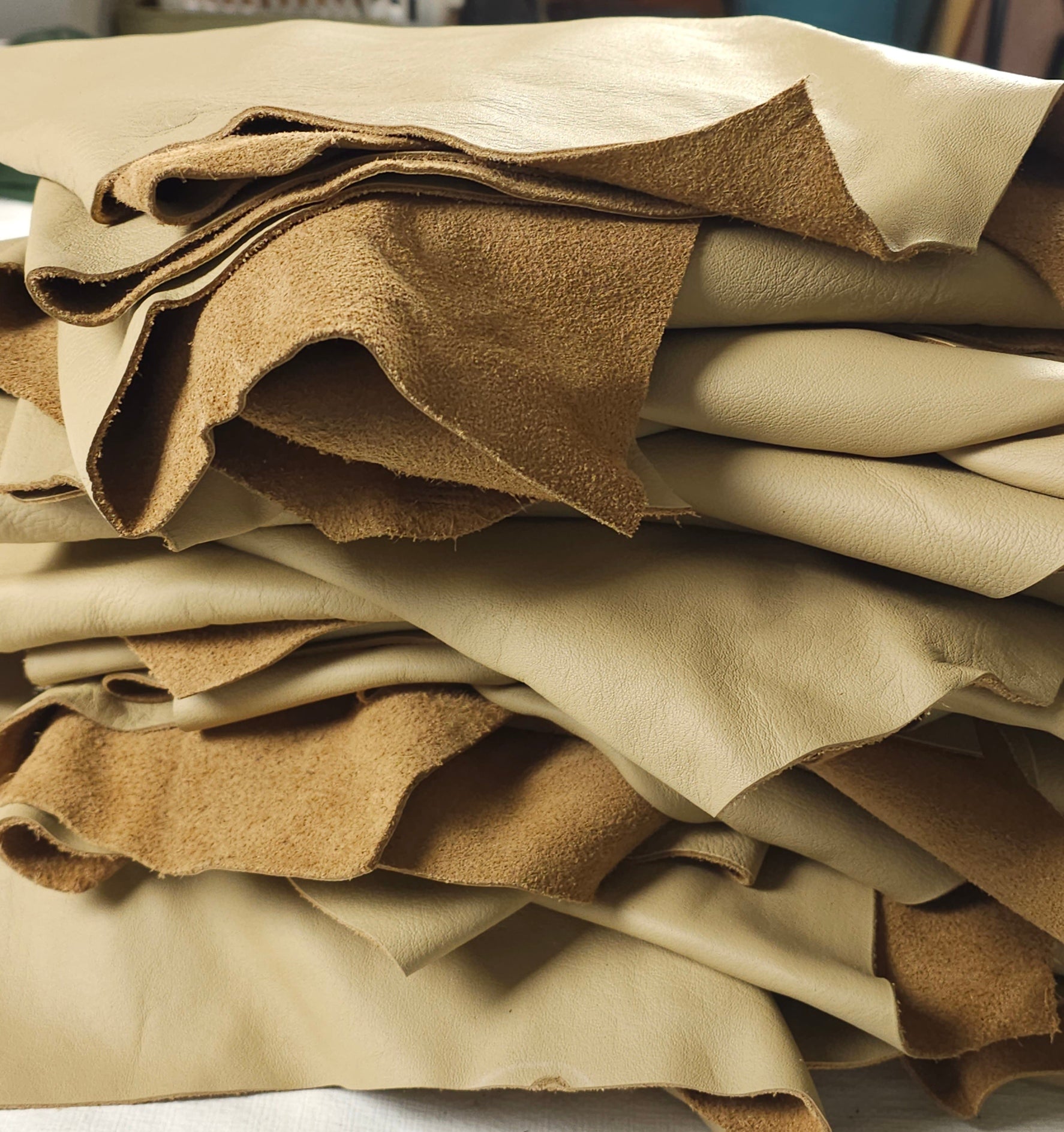 Beige Elmosoft leather scraps 1 to 2 sq ft full grain cowhide