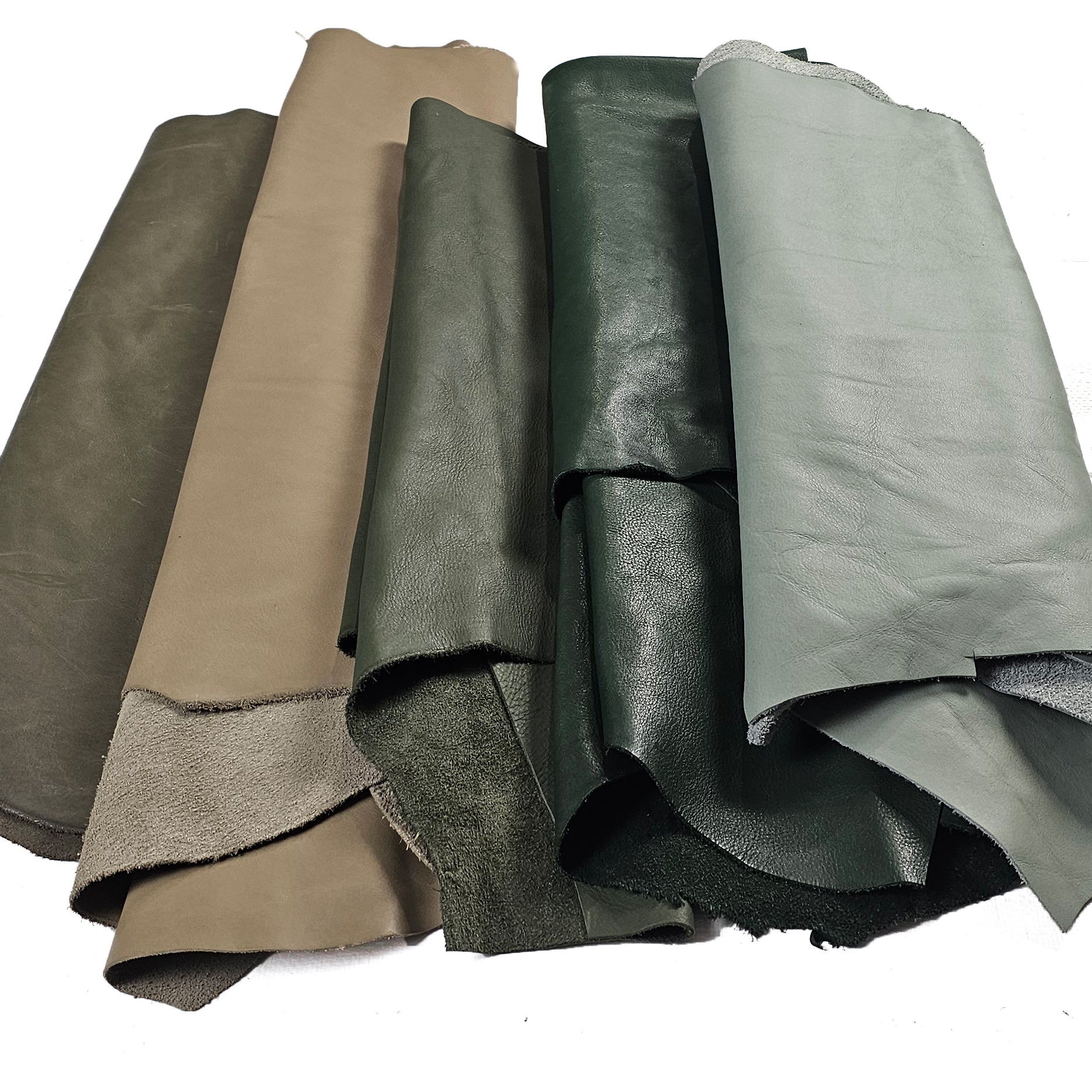 Mixed Greens Full-grain Upholstery leather offcuts 3 - 5 sq. ft