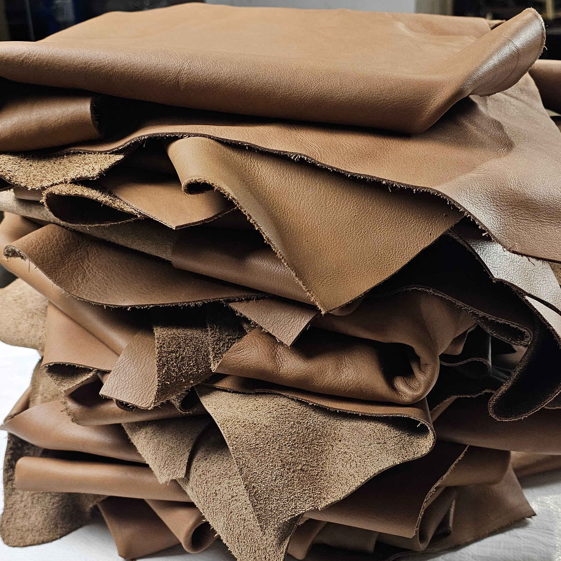 Mid brown leather scraps, 1 to 2 sq ft full-grain cowhide