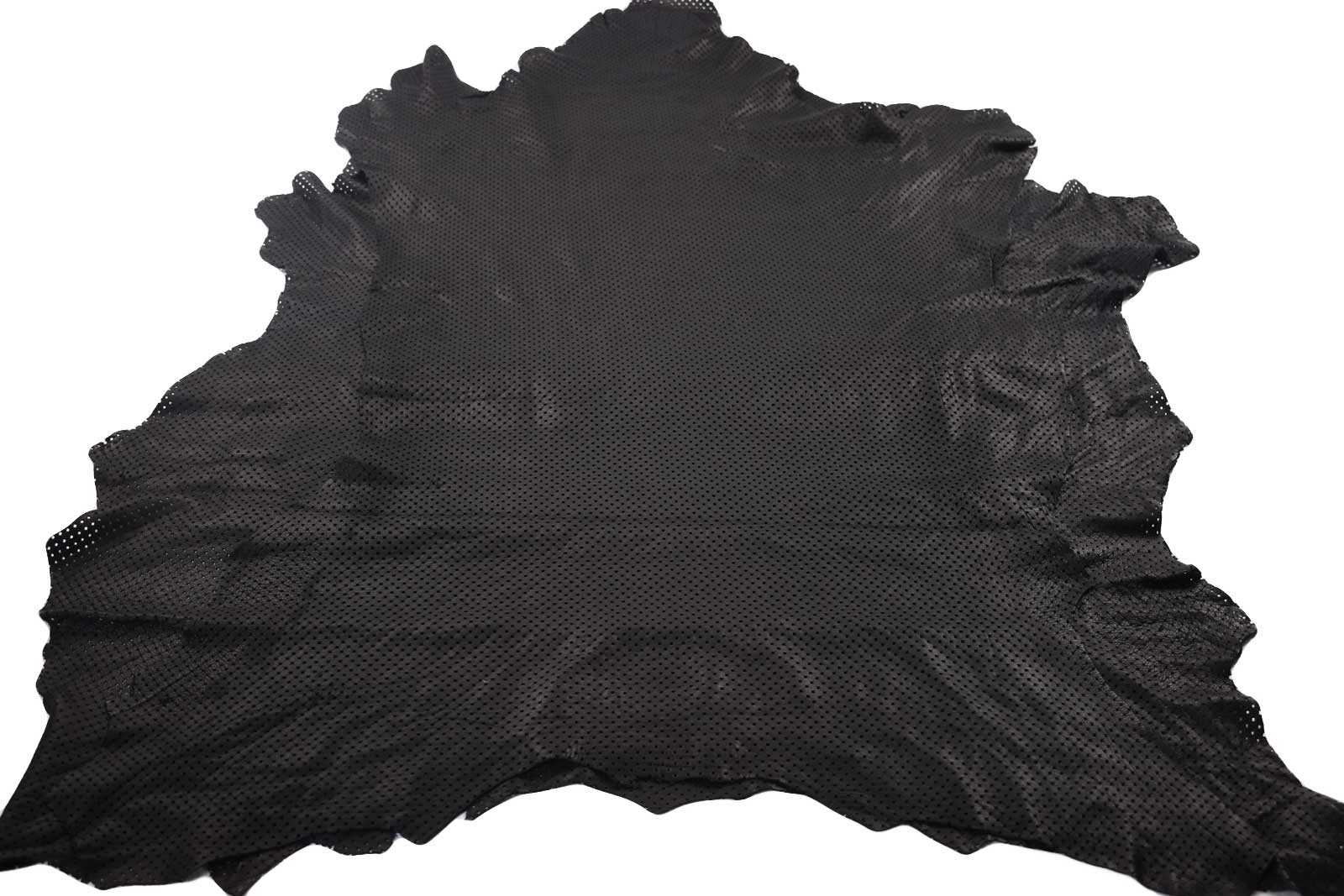 Soft black perforated sheepskin hides, 14 sq ft stock lot, ideal for couture fashion and crafting. Easy to cut and stitch with a sewing machine.