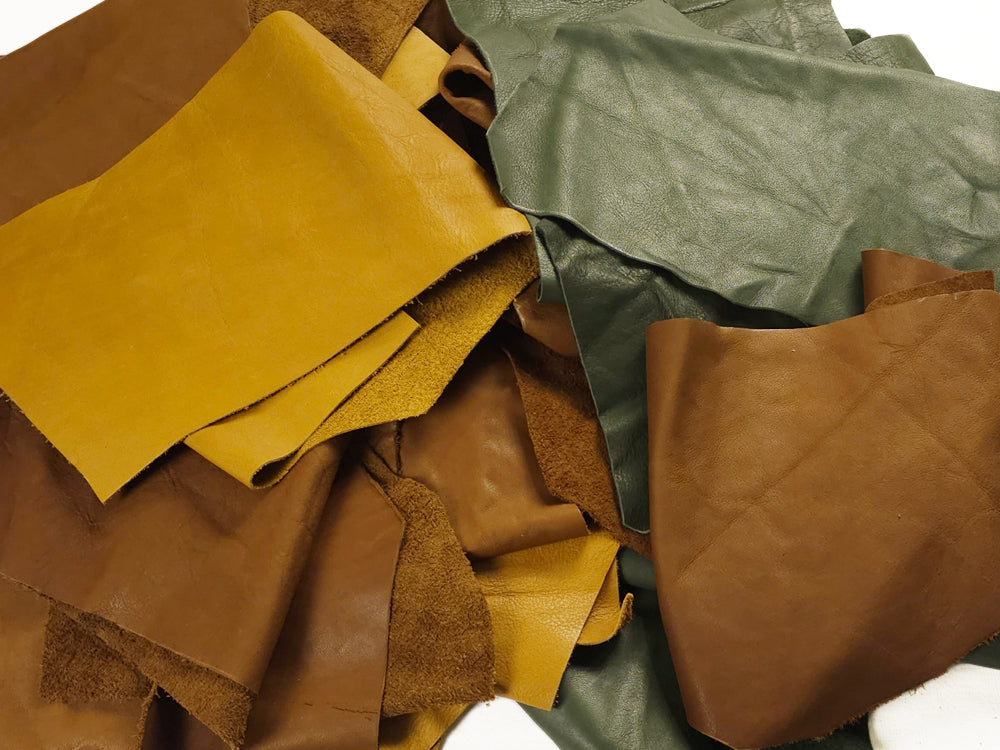 Full-grain vegetable tanned leather scraps in assorted colours, ideal for crafting